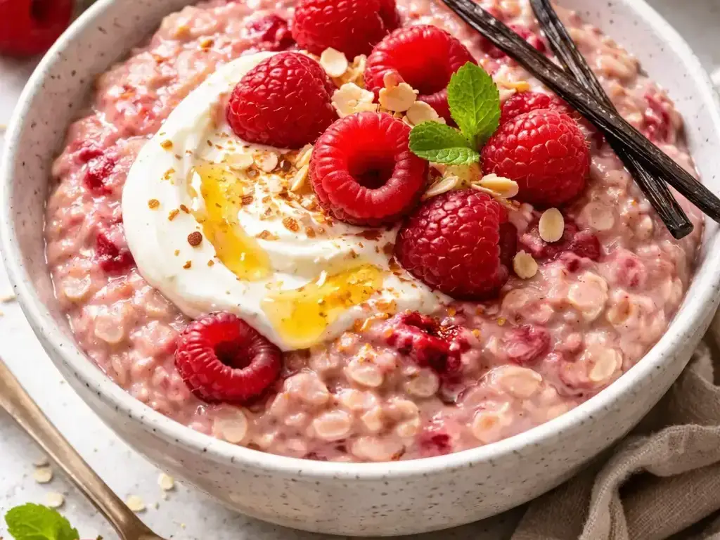 Raspberry Oatmeal with Yogurt and Vanilla