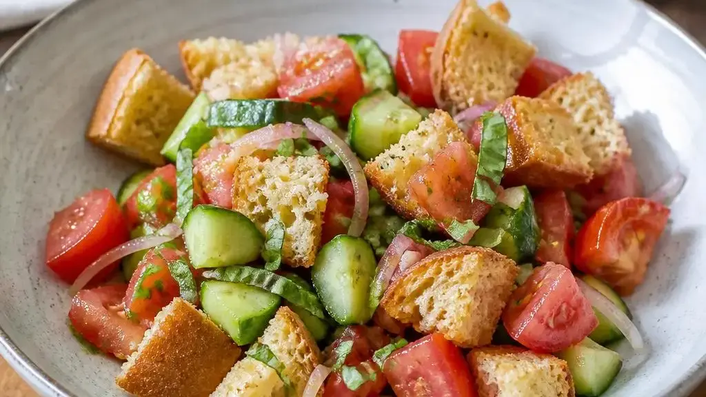 Panzanella z pomidorami, ogórkiem i chrupiącymi grzankami