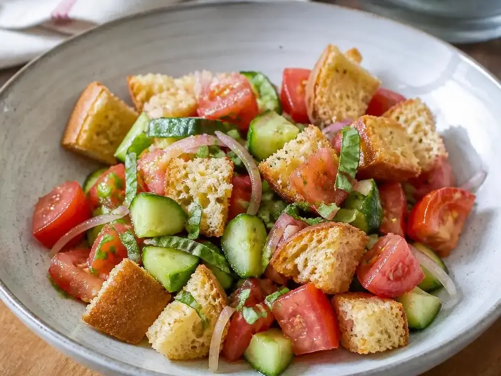Panzanella z pomidorami, ogórkiem i grzankami