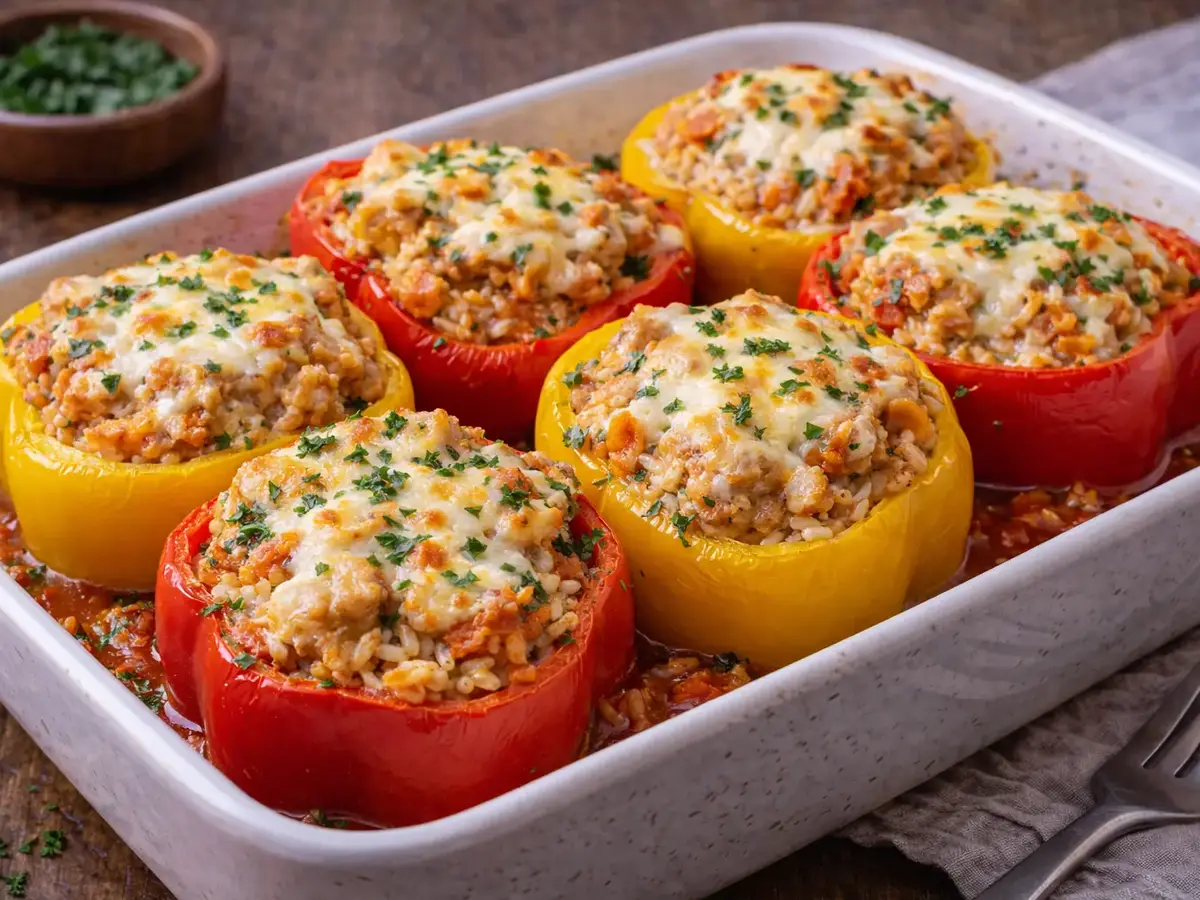 Baked Bell Peppers with Rice and Turkey