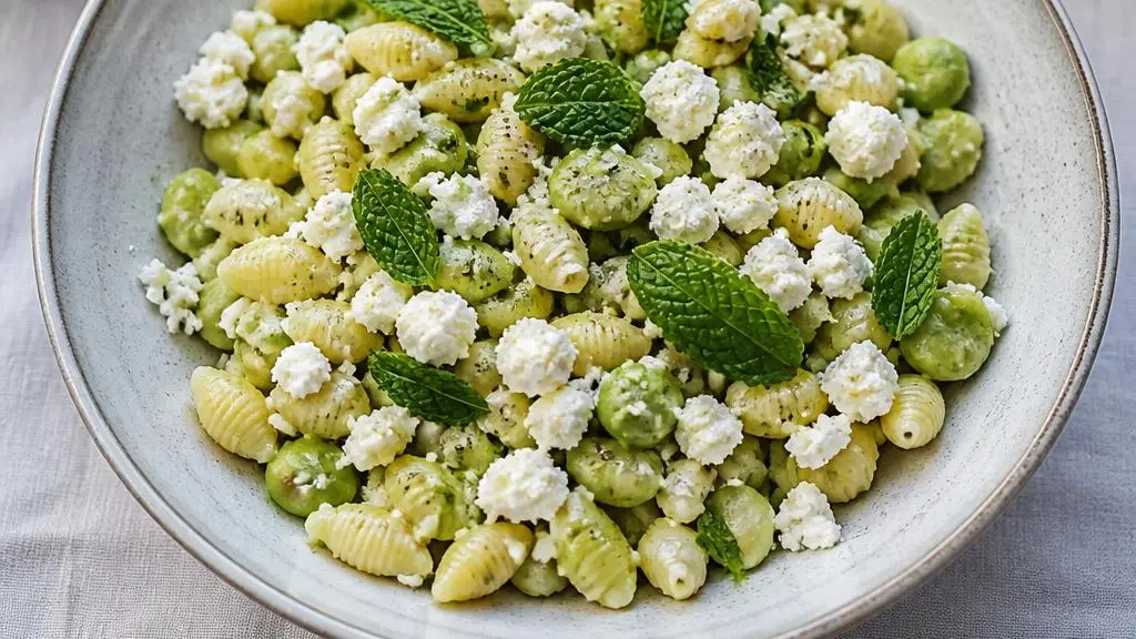 Kremowa pasta z bobu z miętą i fetą podana w miseczce