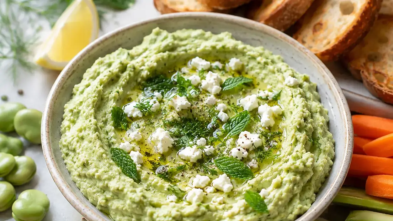 Creamy fava bean spread with mint and feta served in a bowl