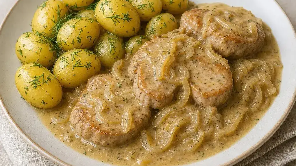 Polędwiczki wieprzowe w sosie cebulowym z młodymi ziemniakami i koperkiem