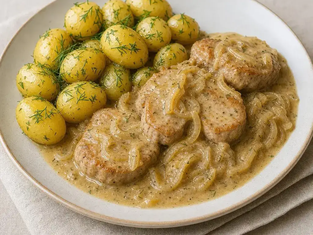 Polędwiczki wieprzowe w sosie cebulowym z młodymi ziemniakami
