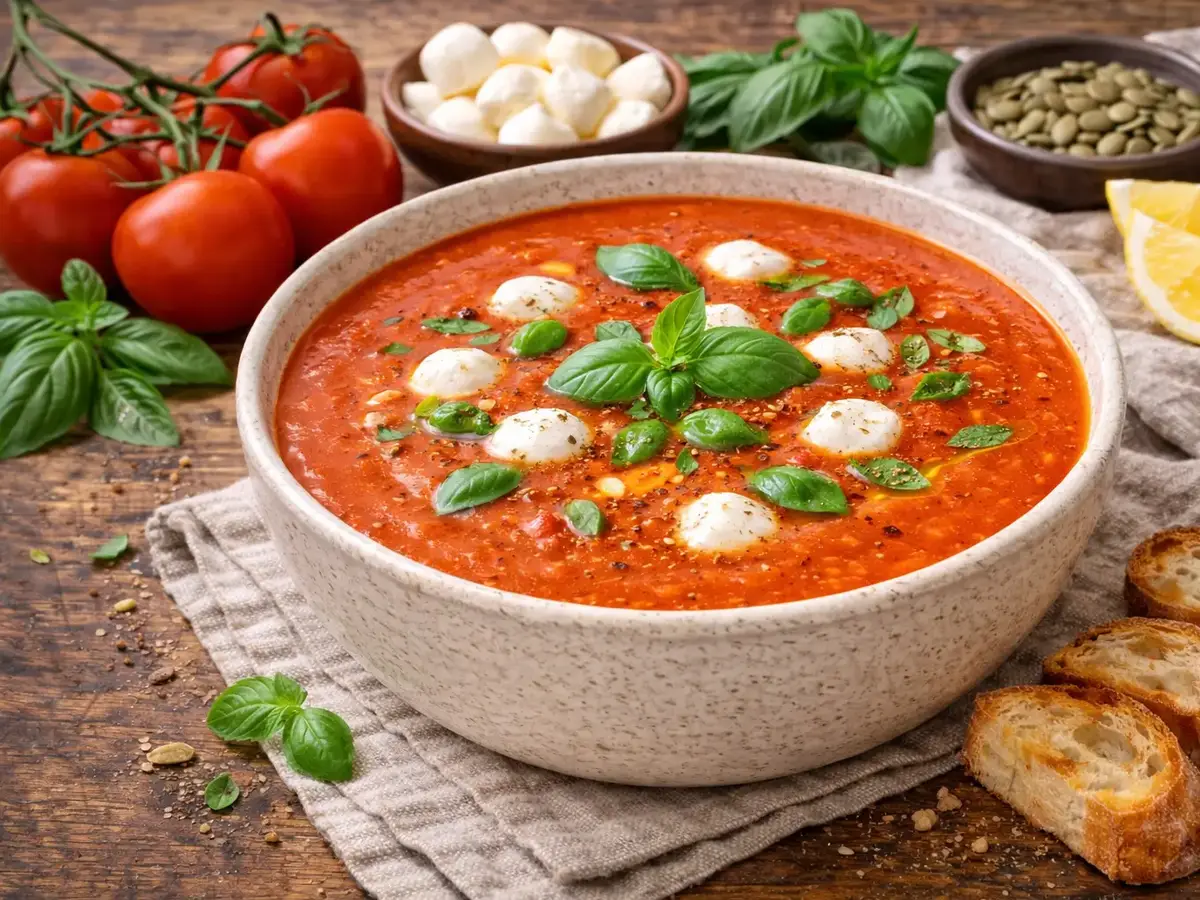 Tomato Soup with Mozzarella and Basil