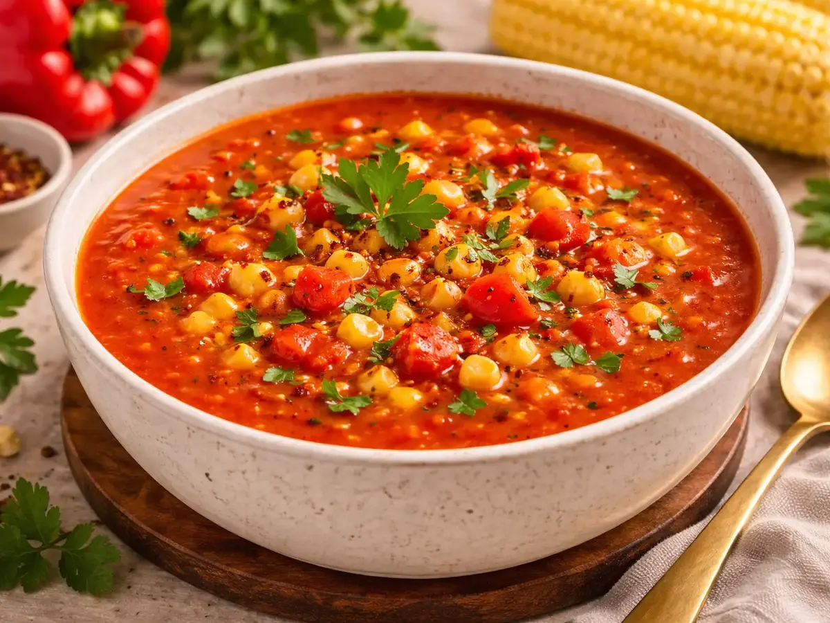 Tomato Soup with Bell Pepper and Corn