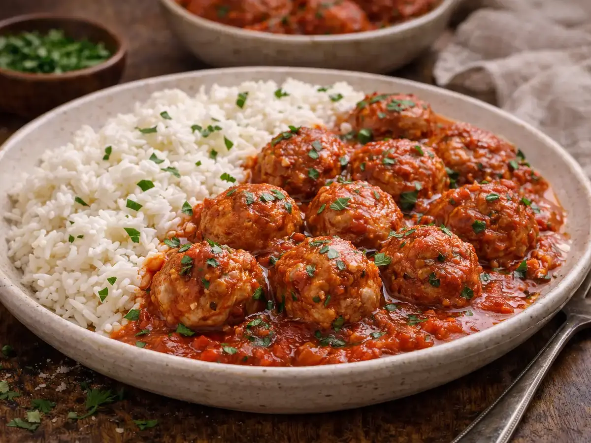 Meatballs in Tomato Sauce with Rice