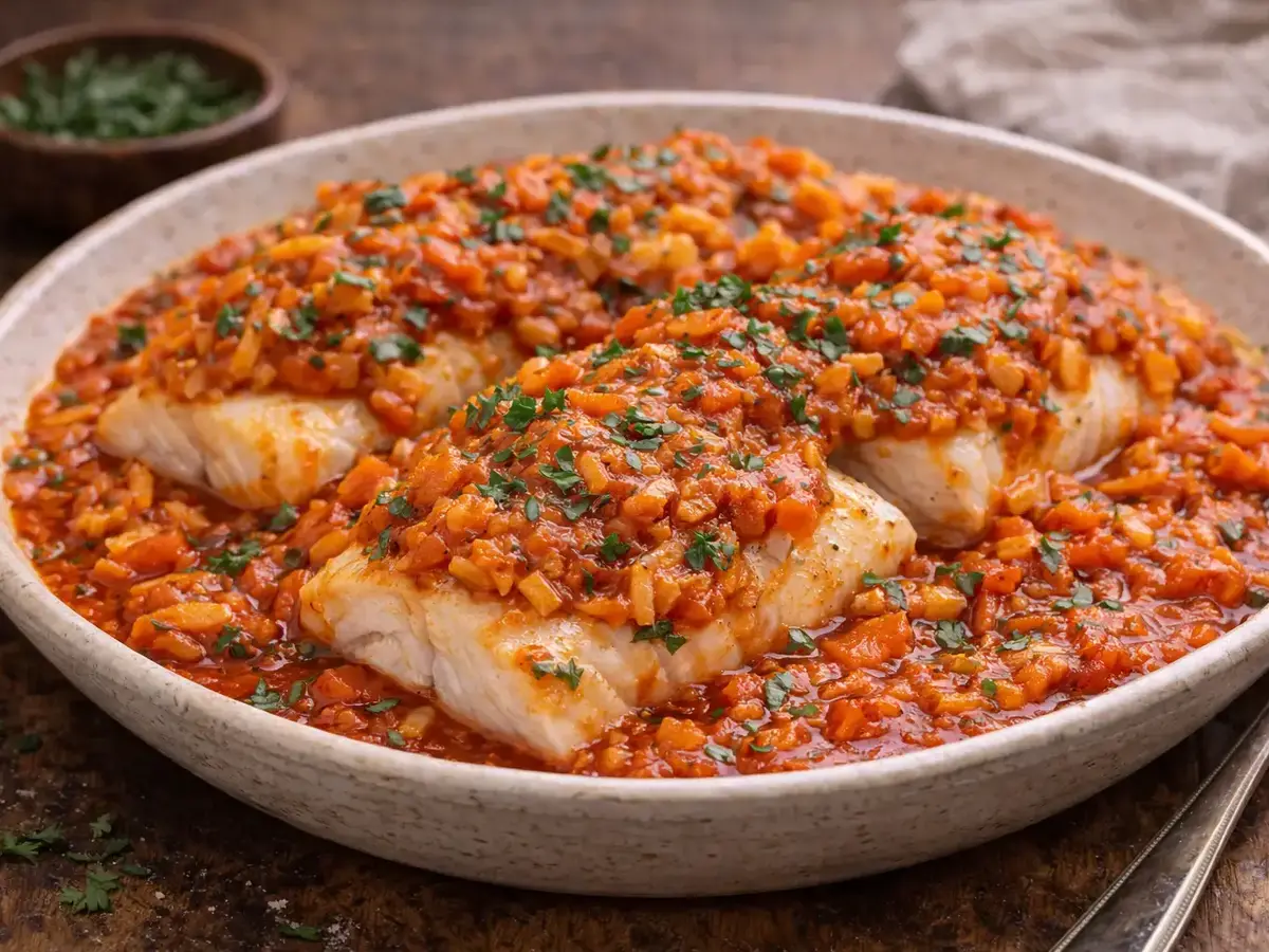Warm Ryba po Grecku (Polish Fish with Tomato-Braised Vegetables)