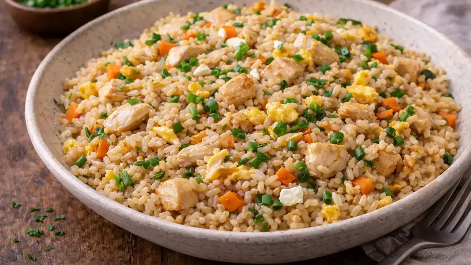 Fried rice with pieces of chicken, egg, carrot, and peas
