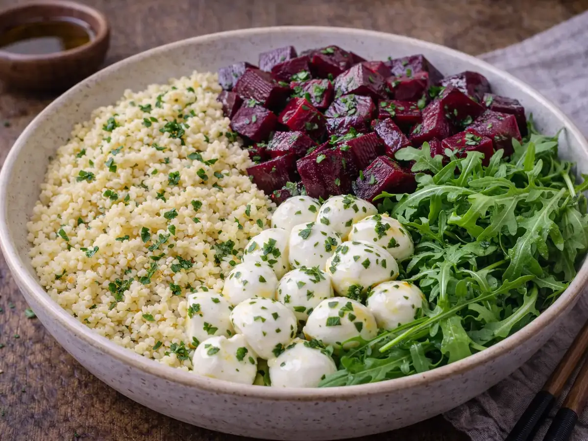 Salade de mozzarella, boulgour et betteraves rôties