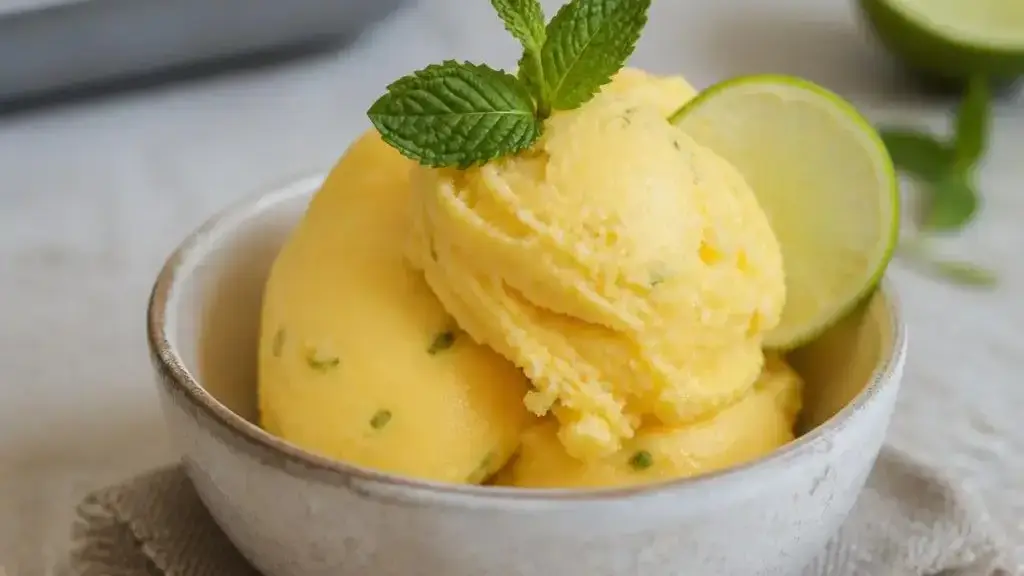 Sorbet mango-limonkowy w miseczkach z listkami mięty
