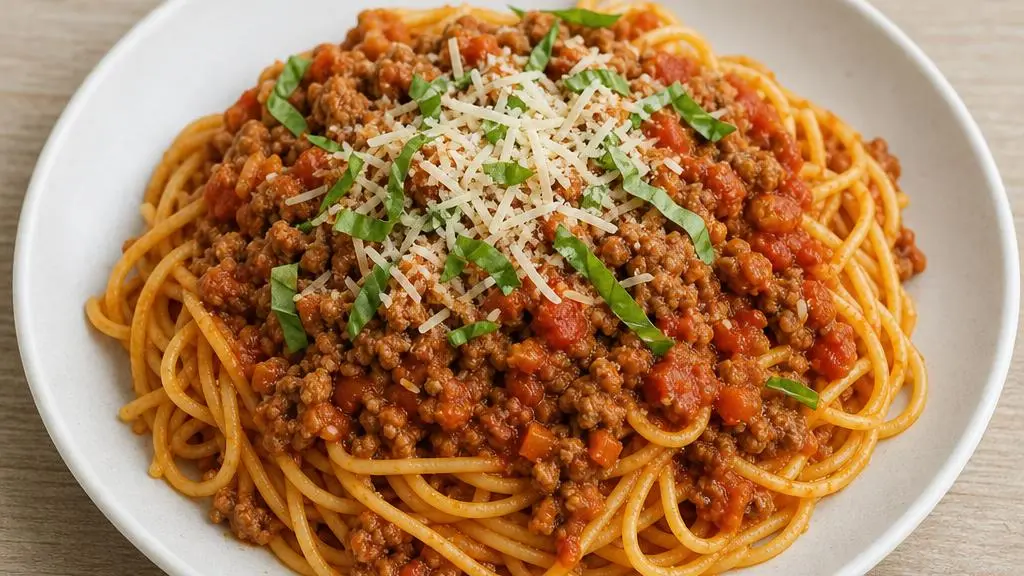 Spaghetti bolognese z mięsem mielonym, pomidorami i parmezanem