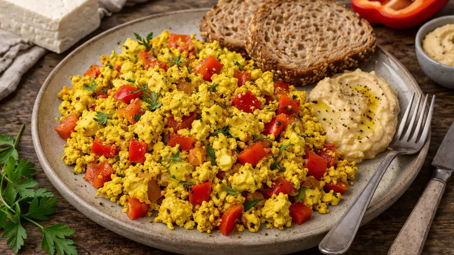 Tofu scramble z hummusem i papryką