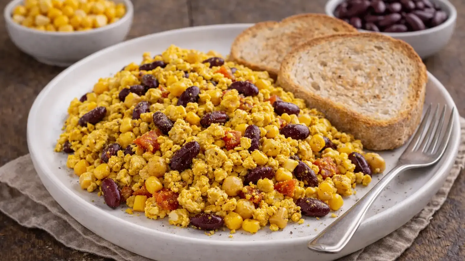 Tofu scramble z kukurydzą i fasolką