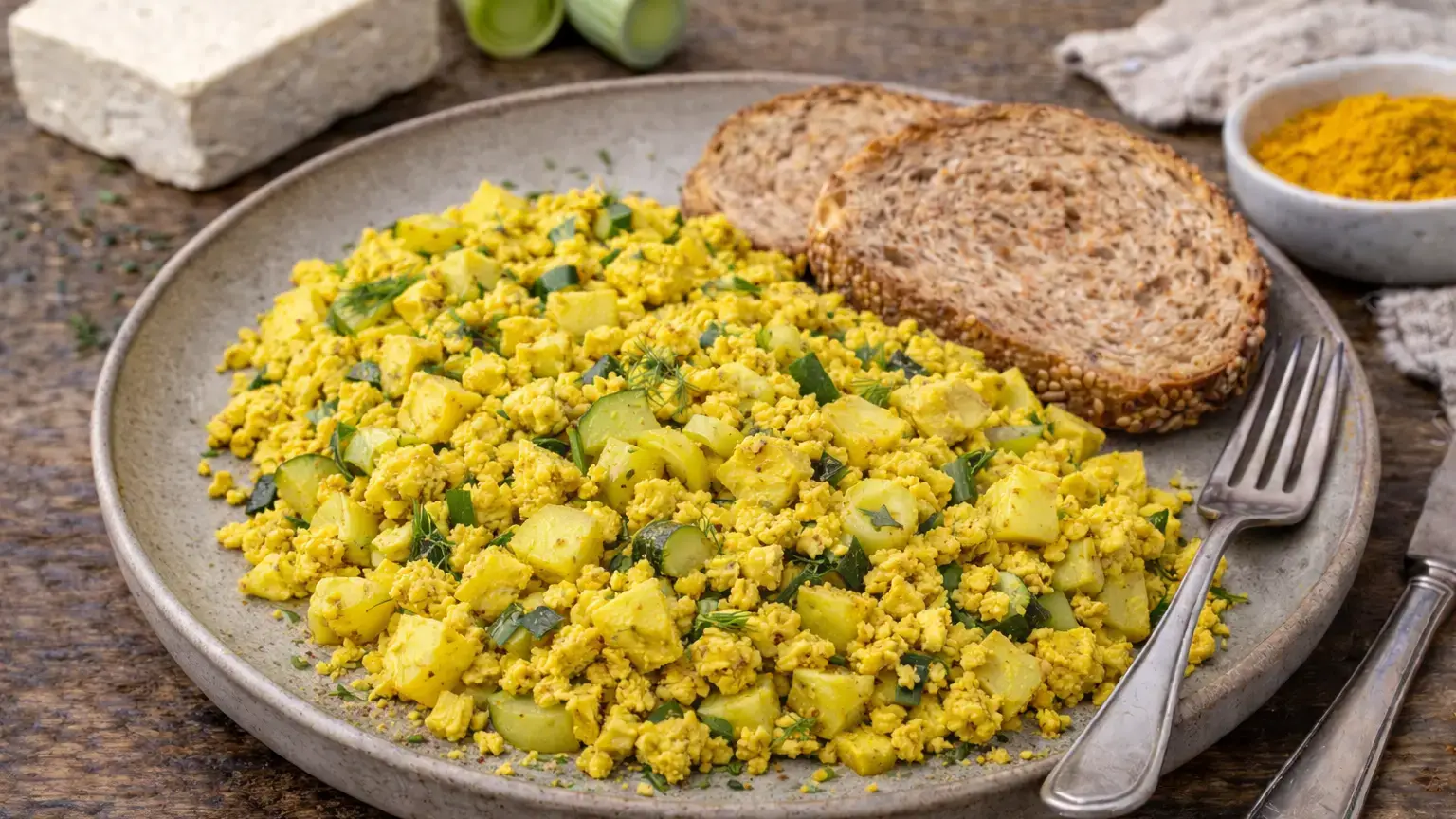 Tofu scramble z porami i ziemniakami