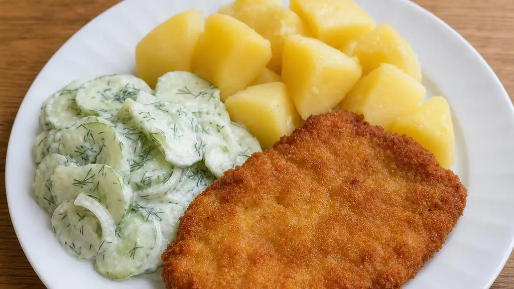 Złoty kotlet schabowy z ziemniakami i świeżą mizerią