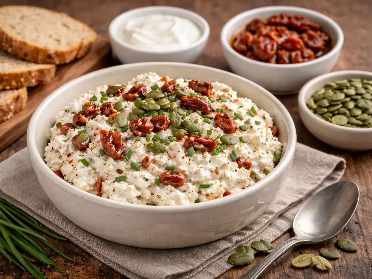 Twaróg Spread with Sun-Dried Tomatoes and Pumpkin Seeds