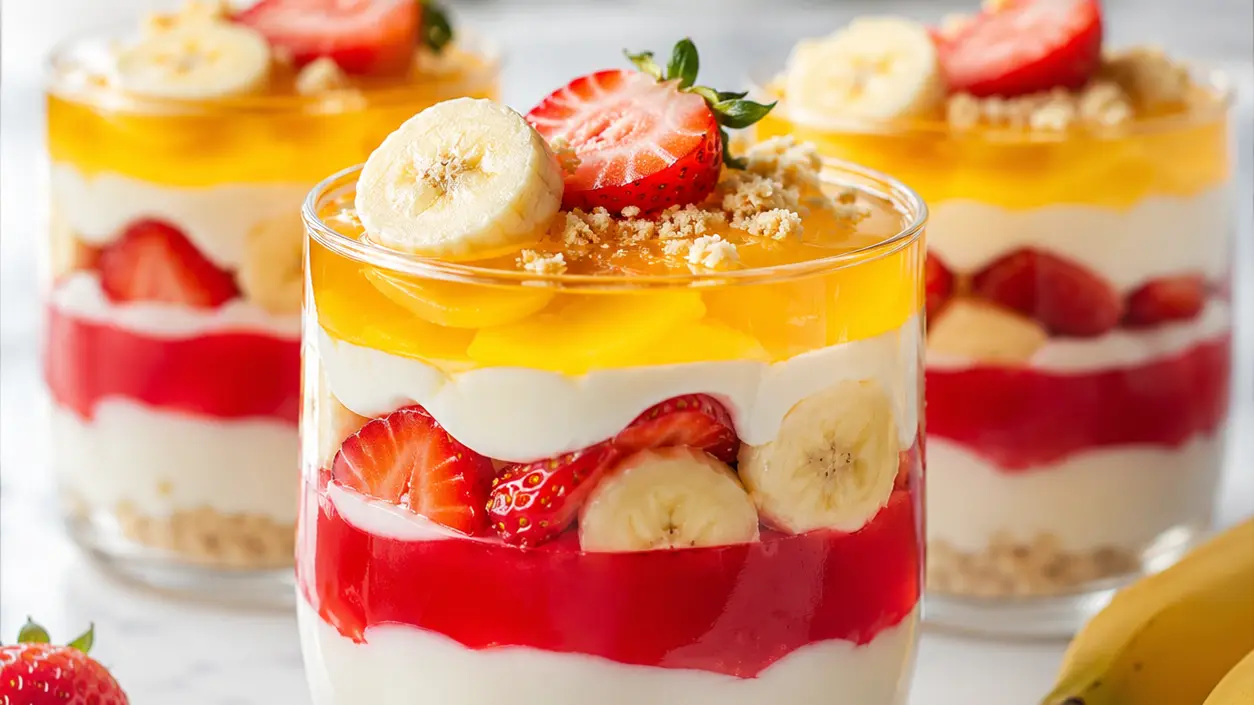 Layered fruit gelatin dessert with yogurt, banana, and strawberries in dessert glasses