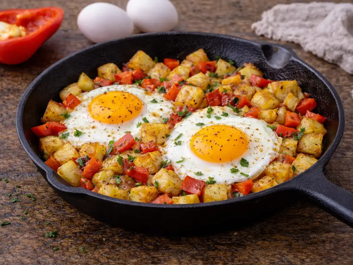Breakfast Potatoes with Bell Pepper and Eggs