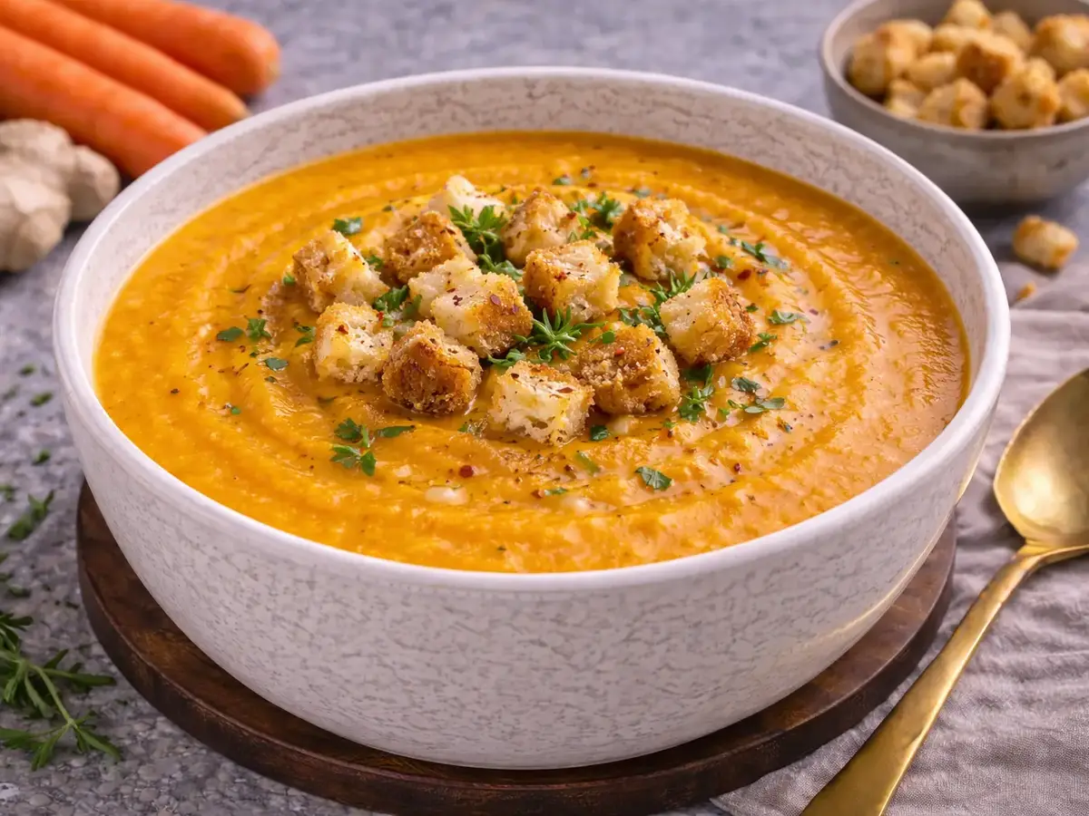 Wortel-gembersoep met croutons