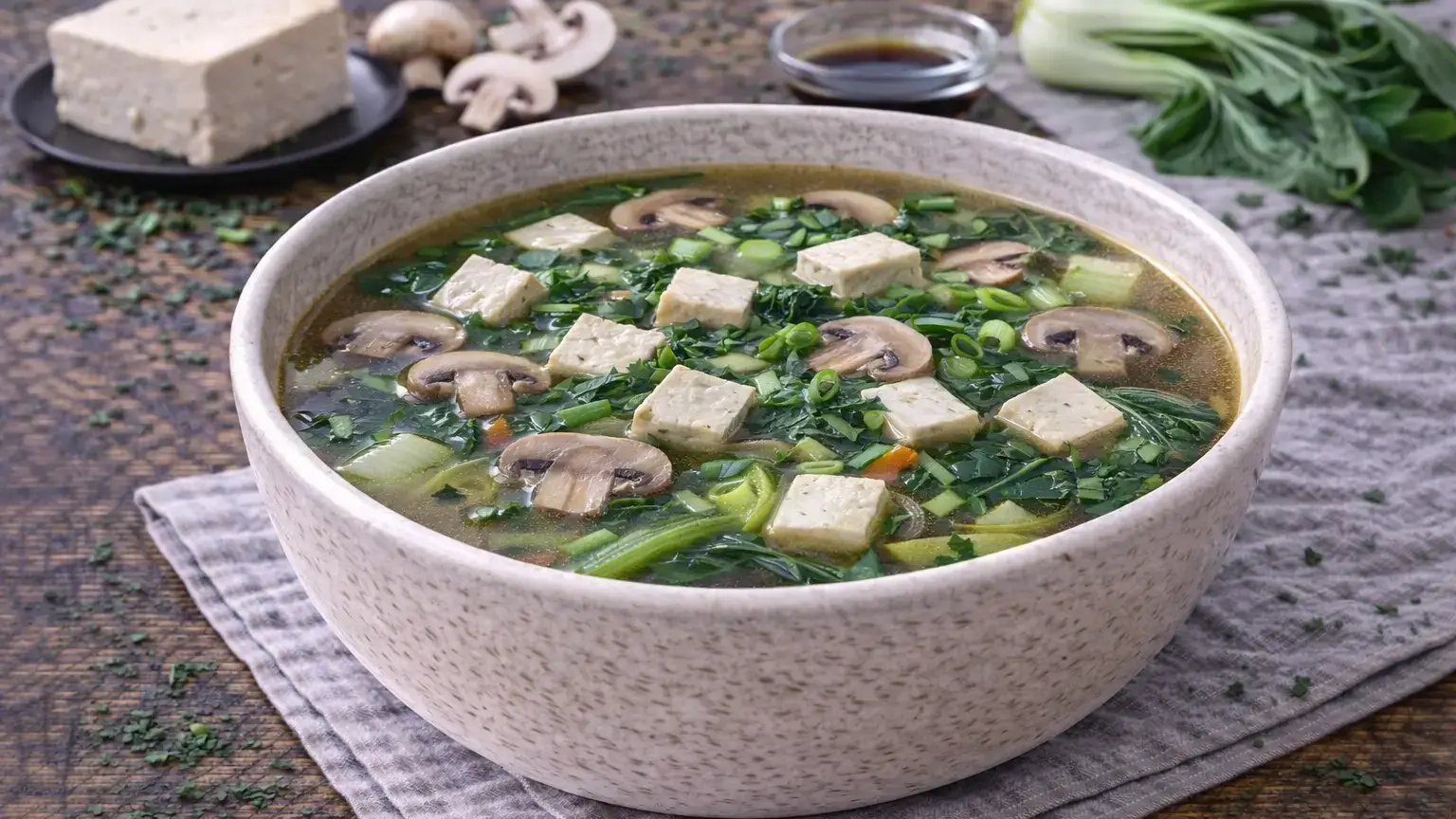 Zupa z tofu, pieczarkami i pak choi